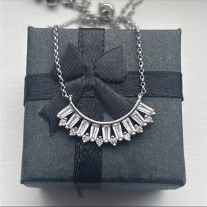 White Gold Plated CZ Fan Necklace Adjustable Slider Chain Baguette Pendant